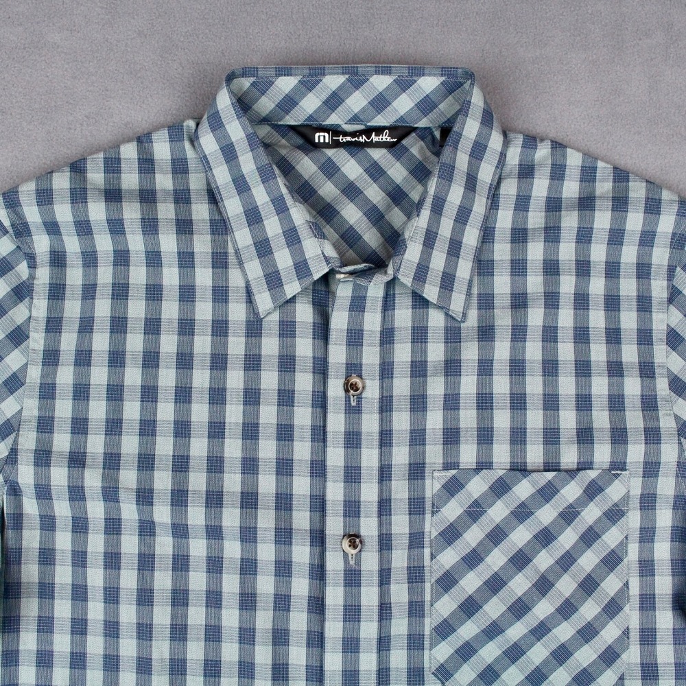 Travis Mathew Shirt Mens Small Blue Plaid Short Sleeve Button Up - Picture 2 of 9